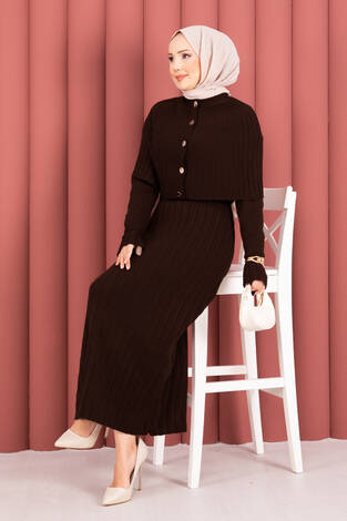 Düğme Detaylı Pelerinli Triko Elbise Takım Kahve - Thumbnail