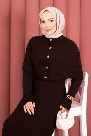 Düğme Detaylı Pelerinli Triko Elbise Takım Kahve - Thumbnail