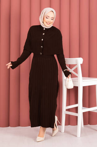 Düğme Detaylı Pelerinli Triko Elbise Takım Kahve - Thumbnail