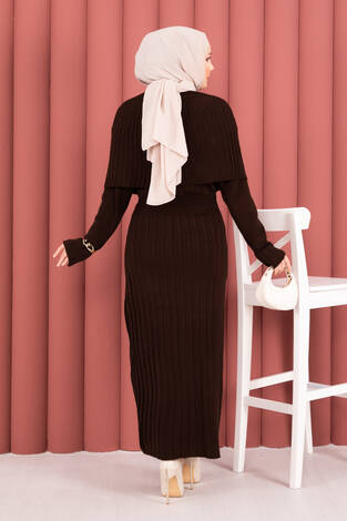 Düğme Detaylı Pelerinli Triko Elbise Takım Kahve - Thumbnail