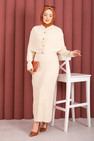 Düğme Detaylı Pelerinli Triko Elbise Takım Krem - Thumbnail