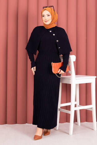 Düğme Detaylı Pelerinli Triko Elbise Takım Lacivert - Thumbnail