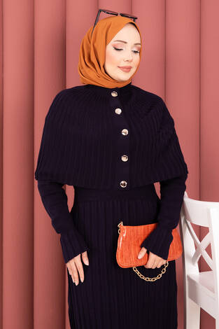 Düğme Detaylı Pelerinli Triko Elbise Takım Lacivert - Thumbnail