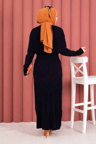 Düğme Detaylı Pelerinli Triko Elbise Takım Lacivert - Thumbnail