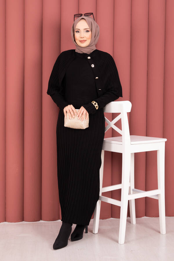 Kl - Düğme Detaylı Pelerinli Triko Elbise Takım Siyah