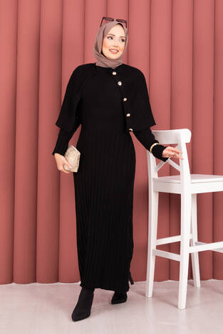 Düğme Detaylı Pelerinli Triko Elbise Takım Siyah - Thumbnail