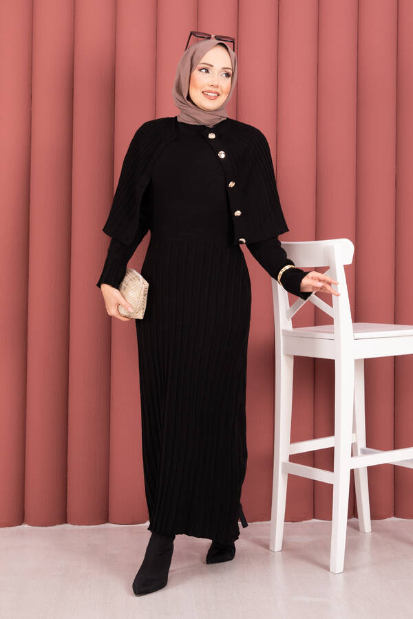 Kl - Düğme Detaylı Pelerinli Triko Elbise Takım Siyah (1)