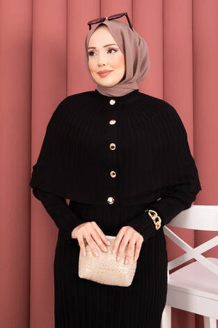 Düğme Detaylı Pelerinli Triko Elbise Takım Siyah - Thumbnail