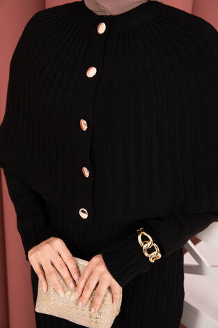 Düğme Detaylı Pelerinli Triko Elbise Takım Siyah - Thumbnail