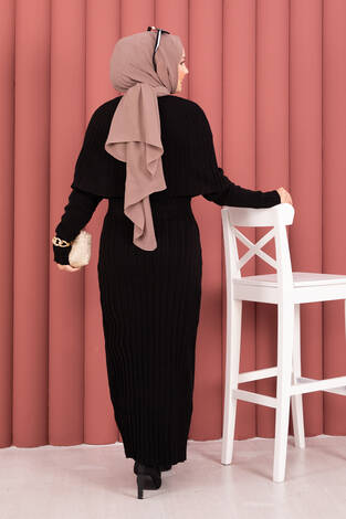 Düğme Detaylı Pelerinli Triko Elbise Takım Siyah - Thumbnail