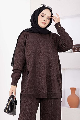 Düğme Detaylı Simli Triko Takım Kahve - 2