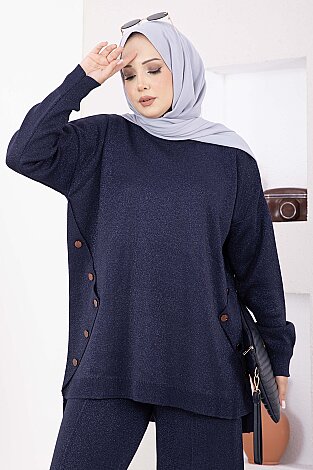 Düğme Detaylı Simli Triko Takım Lacivert - 2