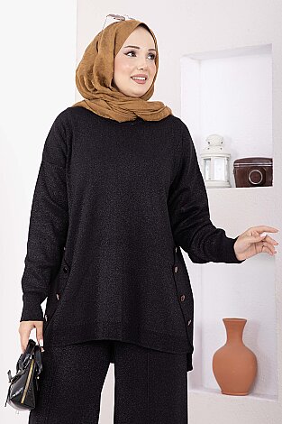 Düğme Detaylı Simli Triko Takım Siyah - 2
