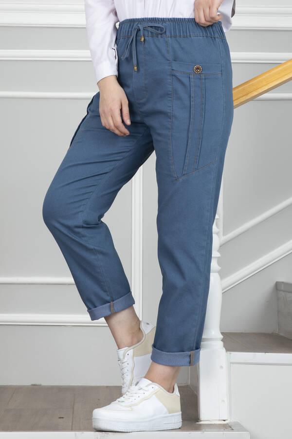 Ms - Düğme Detaylı Tesettür Pantolon Mavi