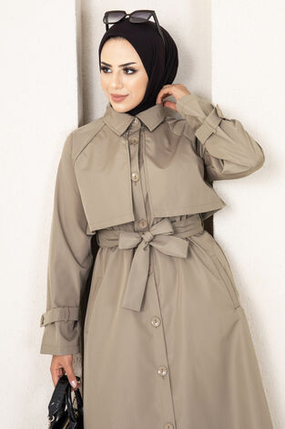 Düğme Detaylı Tesettür Trenç Vizon - Thumbnail