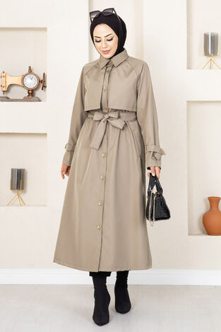 Düğme Detaylı Tesettür Trenç Vizon - Thumbnail