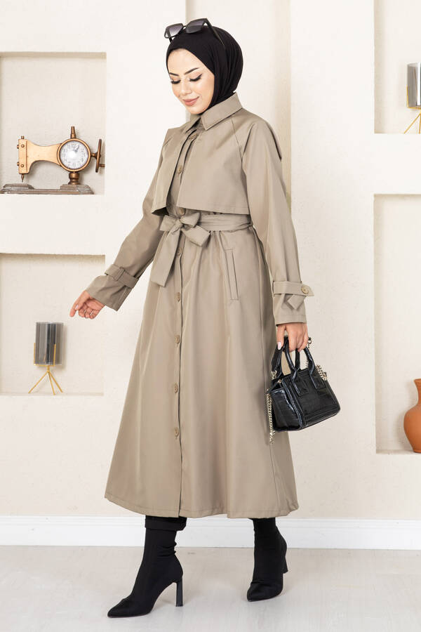 Düğme Detaylı Tesettür Trenç Vizon
