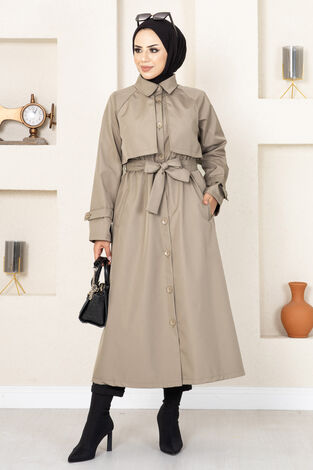 Düğme Detaylı Tesettür Trenç Vizon - Thumbnail