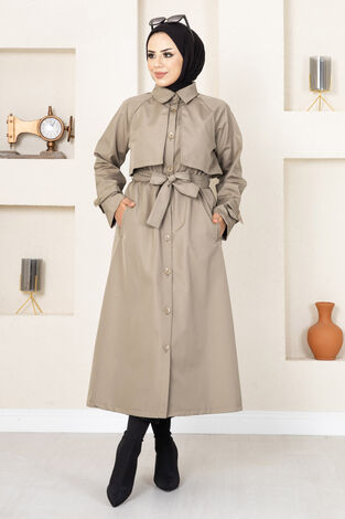 Düğme Detaylı Tesettür Trenç Vizon - Thumbnail