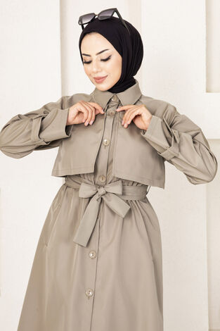 Düğme Detaylı Tesettür Trenç Vizon - Thumbnail