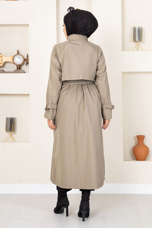 Düğme Detaylı Tesettür Trenç Vizon - Thumbnail