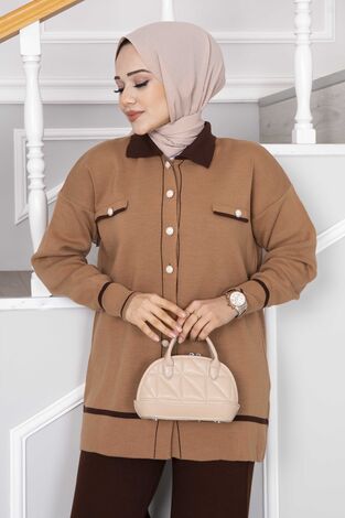 Düğme Detaylı Tesettür Triko Takım Camel - Thumbnail