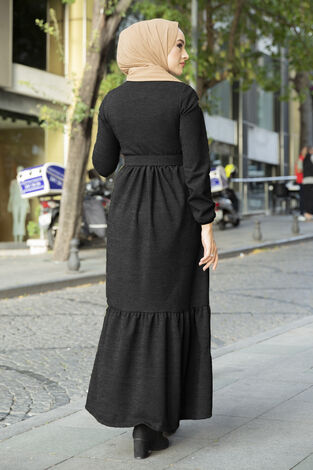 Düğme Detaylı Triko Elbise Siyah - Thumbnail