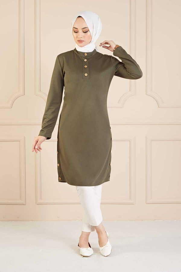 MD - Düğme Detaylı Tunik 100MD2244 Haki
