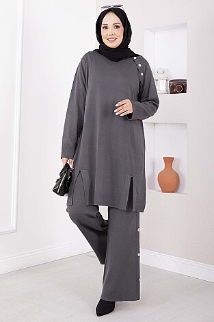 Düğme Detaylı Tunik Pantolon Triko Takım Gri 