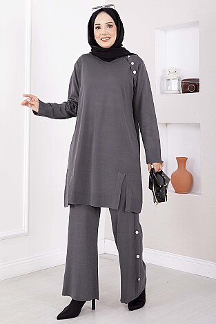 Düğme Detaylı Tunik Pantolon Triko Takım Gri - 3