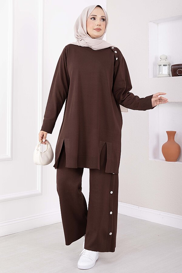 Düğme Detaylı Tunik Pantolon Triko Takım Kahve - 3