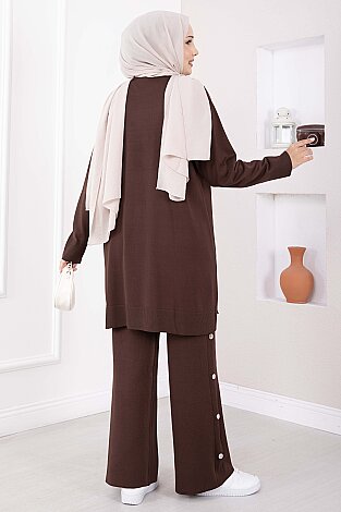 Düğme Detaylı Tunik Pantolon Triko Takım Kahve - 4