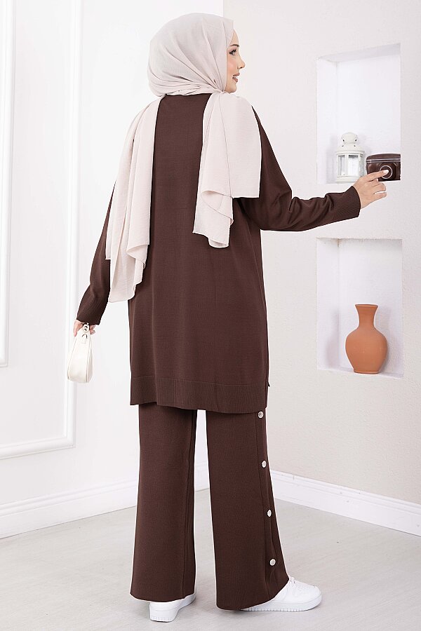 Düğme Detaylı Tunik Pantolon Triko Takım Kahve - 4