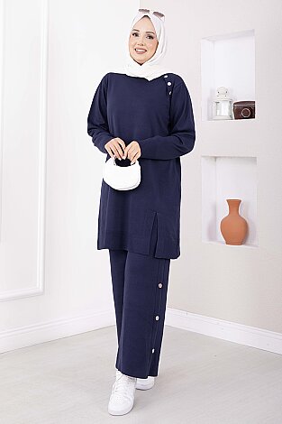 Düğme Detaylı Tunik Pantolon Triko Takım Lacivert - 3
