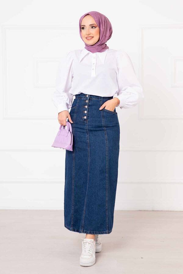 Max - Düğmeli Cepli Kot Etek Koyu Mavi
