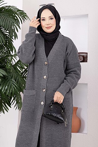 Düğmeli Cepli Uzun Triko Hırka Antrasit - 2