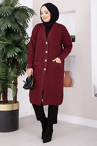 Düğmeli Cepli Uzun Triko Hırka Bordo - 3