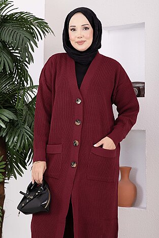 Düğmeli Cepli Uzun Triko Hırka Bordo - 2