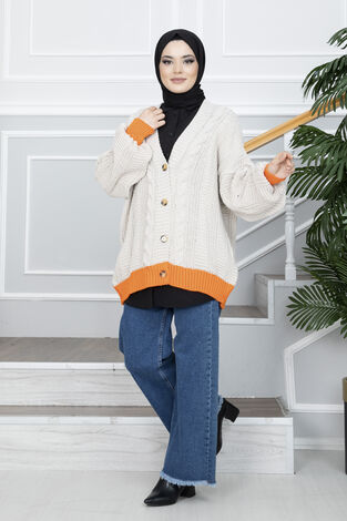 Düğmeli Çift Renk Triko Tesettür Hırka Bej - Thumbnail