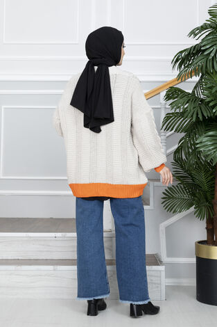 Düğmeli Çift Renk Triko Tesettür Hırka Bej - Thumbnail