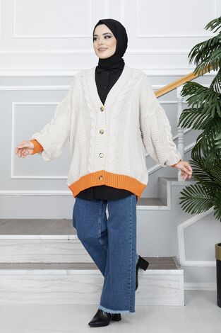 Düğmeli Çift Renk Triko Tesettür Hırka Bej - Thumbnail