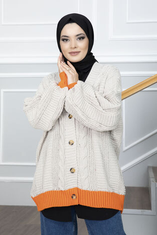 Düğmeli Çift Renk Triko Tesettür Hırka Bej - Thumbnail