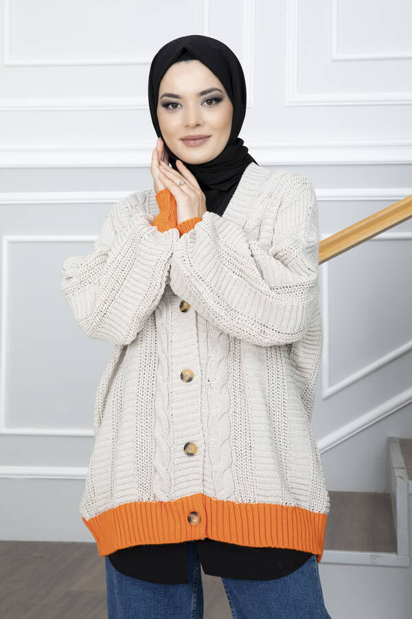 Düğmeli Çift Renk Triko Tesettür Hırka Bej