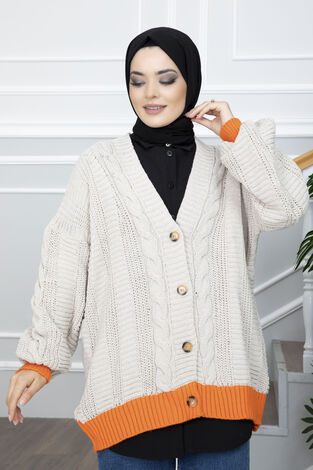 Düğmeli Çift Renk Triko Tesettür Hırka Bej - Thumbnail