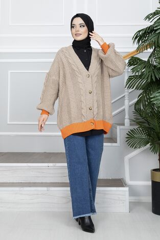 Düğmeli Çift Renk Triko Tesettür Hırka Kahve - Thumbnail