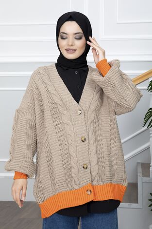 Düğmeli Çift Renk Triko Tesettür Hırka Kahve - Thumbnail