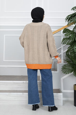 Düğmeli Çift Renk Triko Tesettür Hırka Kahve - Thumbnail