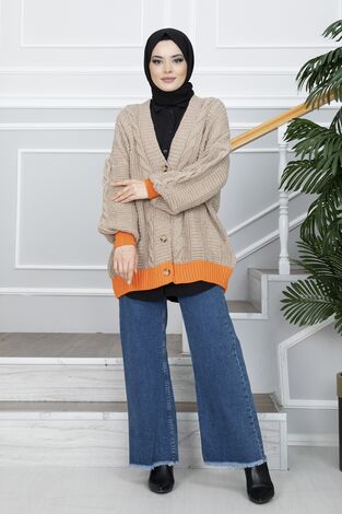Düğmeli Çift Renk Triko Tesettür Hırka Kahve - Thumbnail