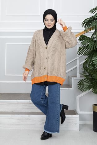 Düğmeli Çift Renk Triko Tesettür Hırka Kahve - Thumbnail