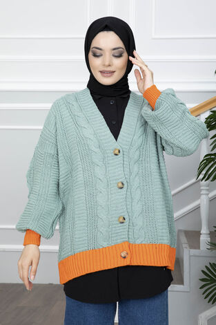 Düğmeli Çift Renk Triko Tesettür Hırka Mint - Thumbnail
